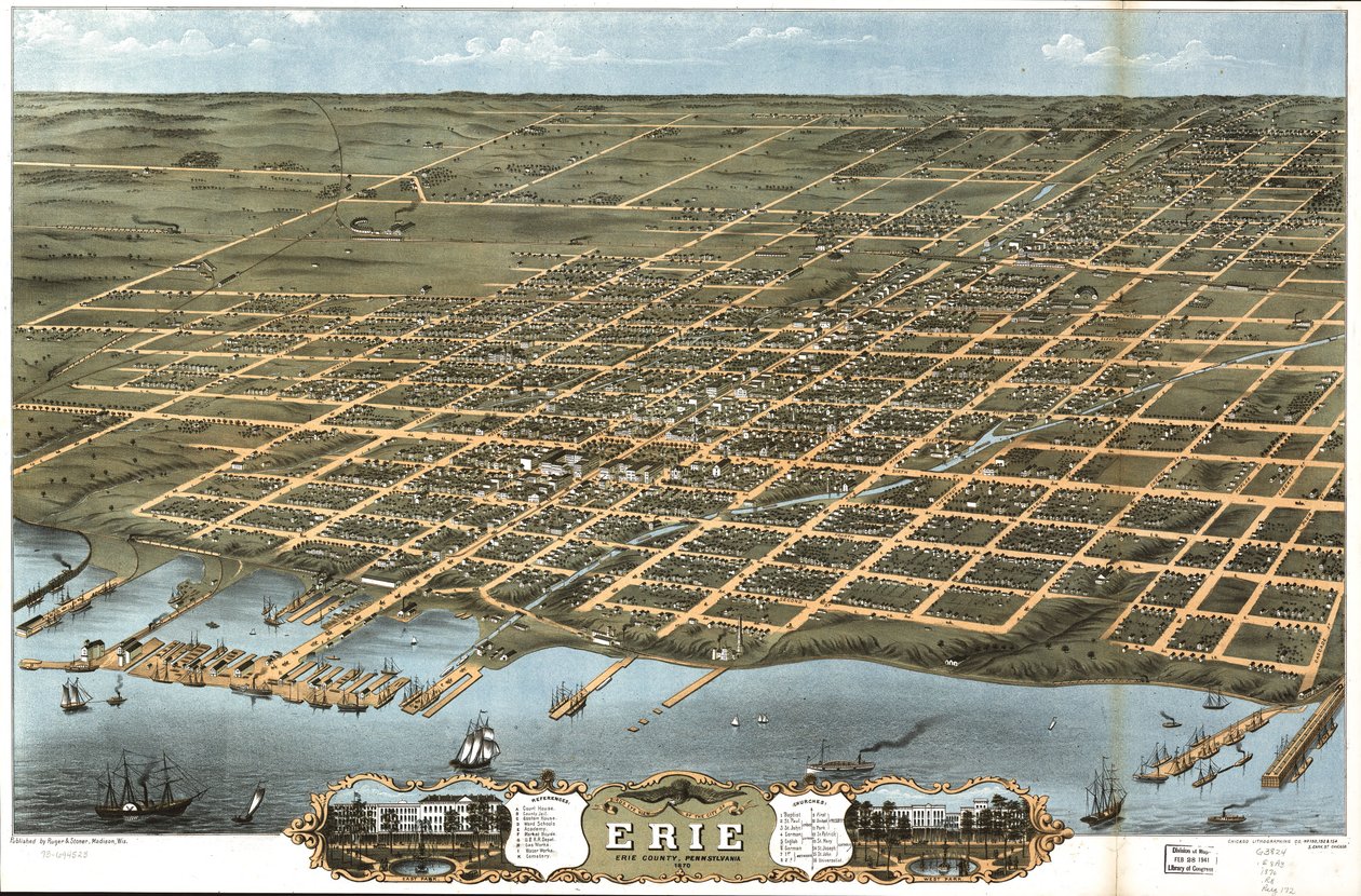 Fugleperspektiv af byen Erie, Erie County, Pennsylvania 1870. af A. Chicago Lithographing Co. Ruger and Stoner Ruger