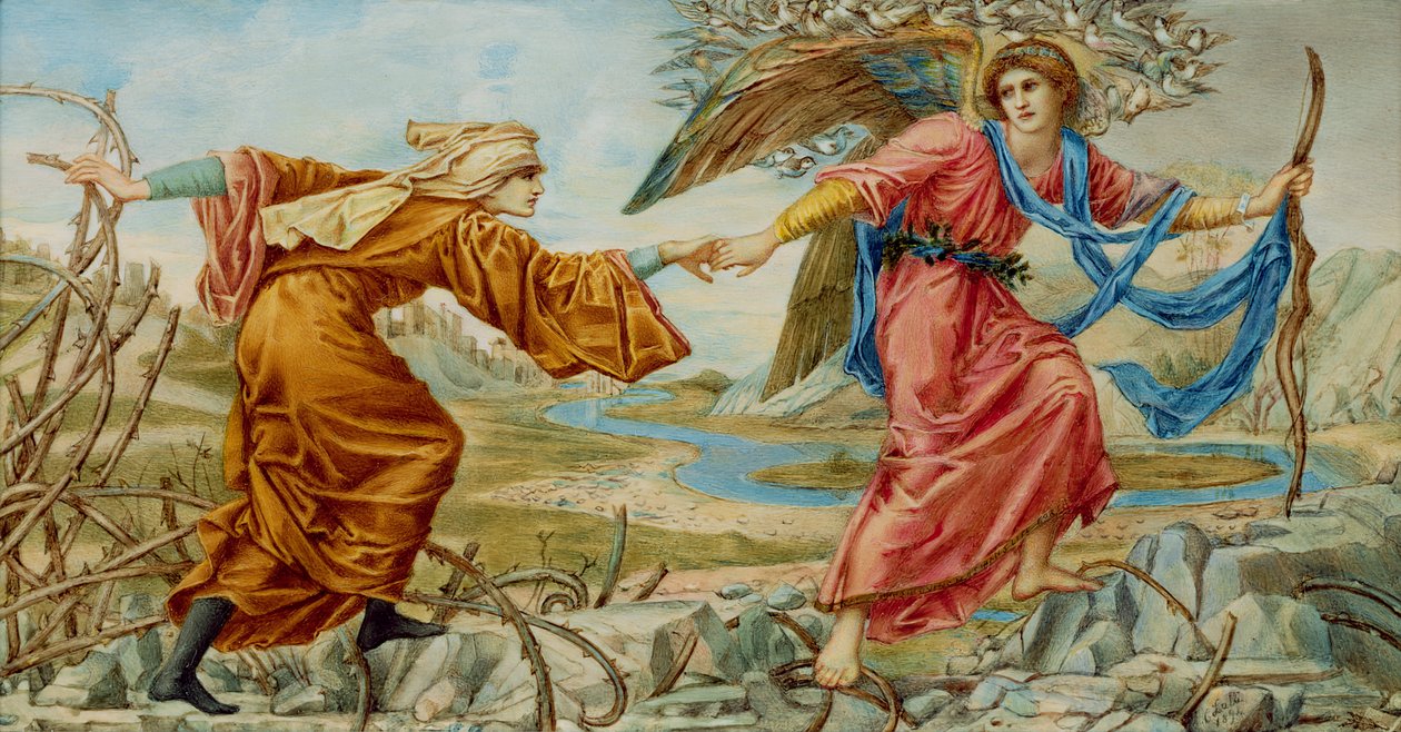 Love Leading the Pilgrim efter Sir E. C. Burne-Jones, 1894 (olie på elfenben) af A. Corsi Lalli