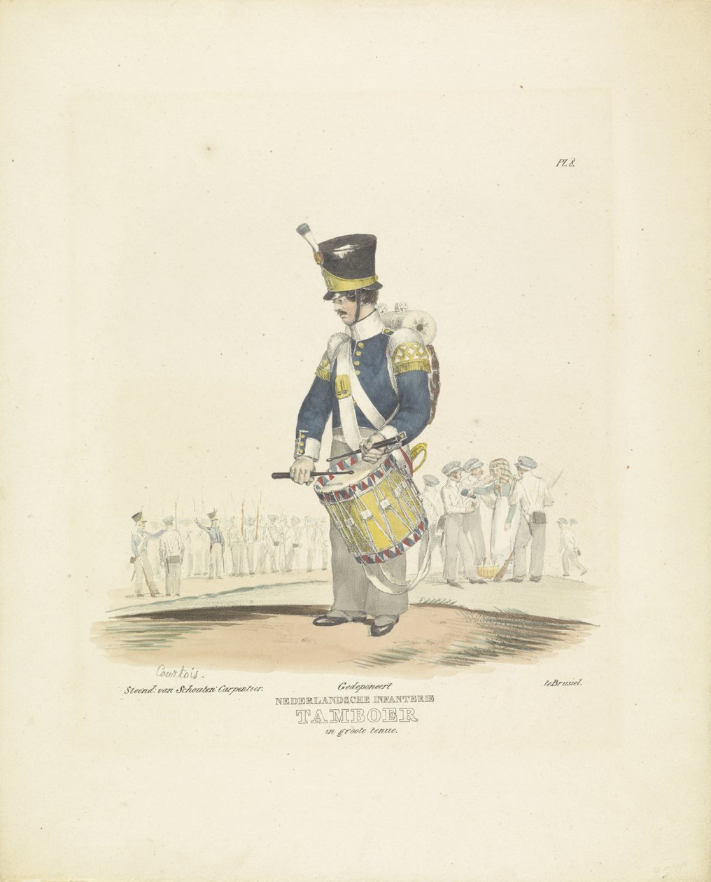 Trommeslager i fuld uniform Trommeslager i heldragt, 1820-1825 hollandsk infanteri. Trommeslager i fuld uniform (titel på objekt) Militære kostumer af Kongeriget Holland. Dedikeret til Hans Excellence Willem van Bylandt (serietitel på objekt af A. Courtois