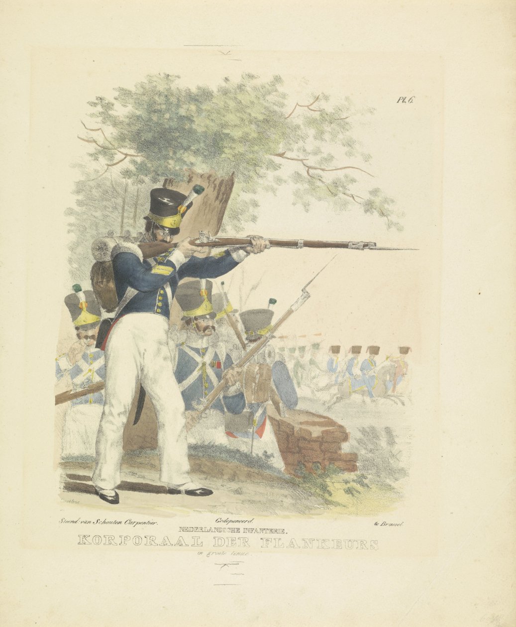 Flankeur i stor uniform, 1820-1825 hollandsk infanteri. Korporal der Flankeurs i stor uniform (titel på objekt) Militære kostumer af Kongeriget Holland. Dedikeret til Hans Excellence Willem van Bylandt (serietitel på objekt) af A. Courtois