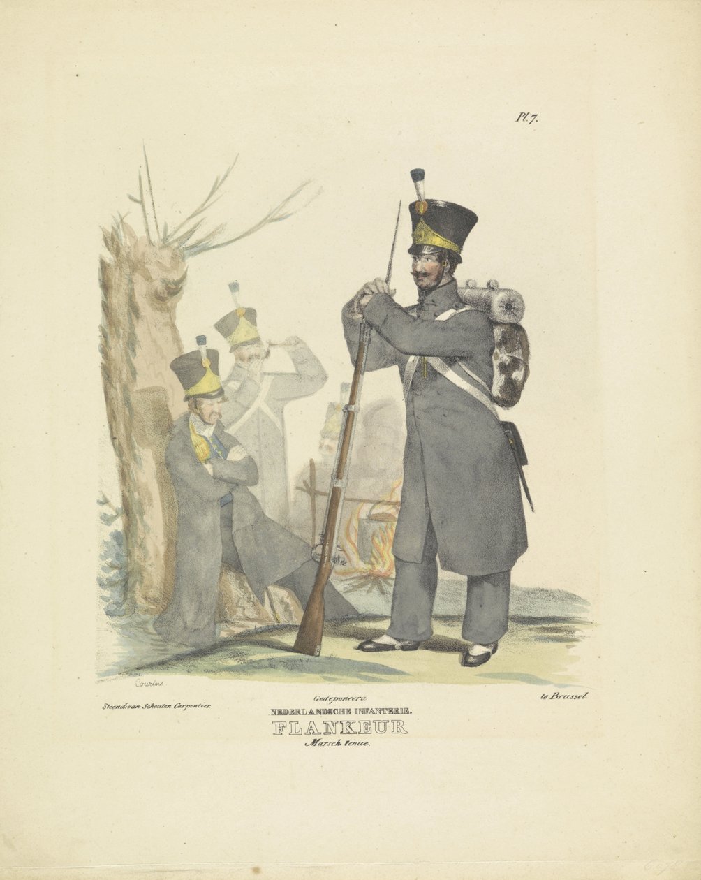 Flanke i marchdragt, 1820-1825 hollandsk infanteri. Flankeur Marsch uniform (titel på objekt) Militære kostumer af Kongeriget Holland. Dedikeret til Hans Excellence Willem van Bylandt (serietitel på objekt) af A. Courtois