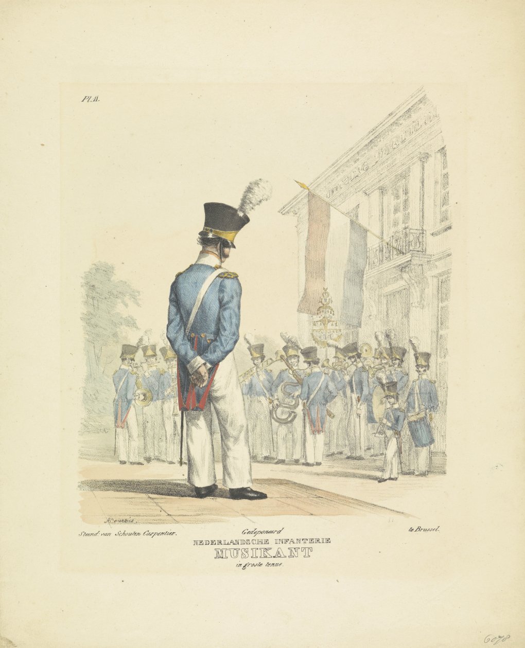 Musiker i fuld uniform Musiker i heldragt, 1820-1825 Nederlandsche Infanterie Musikant i stor uniform (titel på objekt) Militære kostumer af Kongeriget Holland. Dedikeret til Hans Excellence Willem van Bylandt (serietitel på obj af A. Courtois