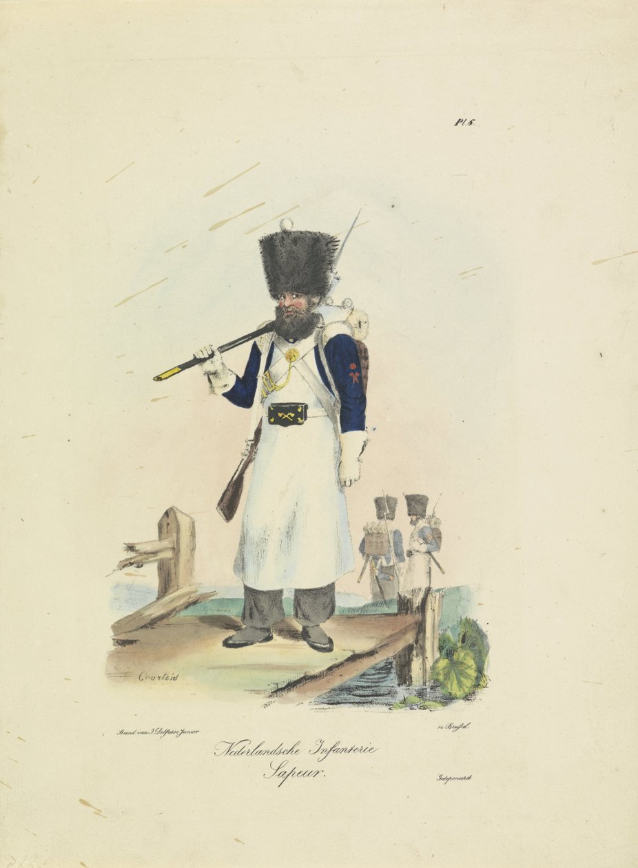 Sappeur, 1820-1825 hollandsk infanteri. sapeur (titel på objekt) Militære kostumer af Kongeriget Holland. Dedikeret til Hans Excellence Willem van Bylandt (serietitel på objekt) af A. Courtois