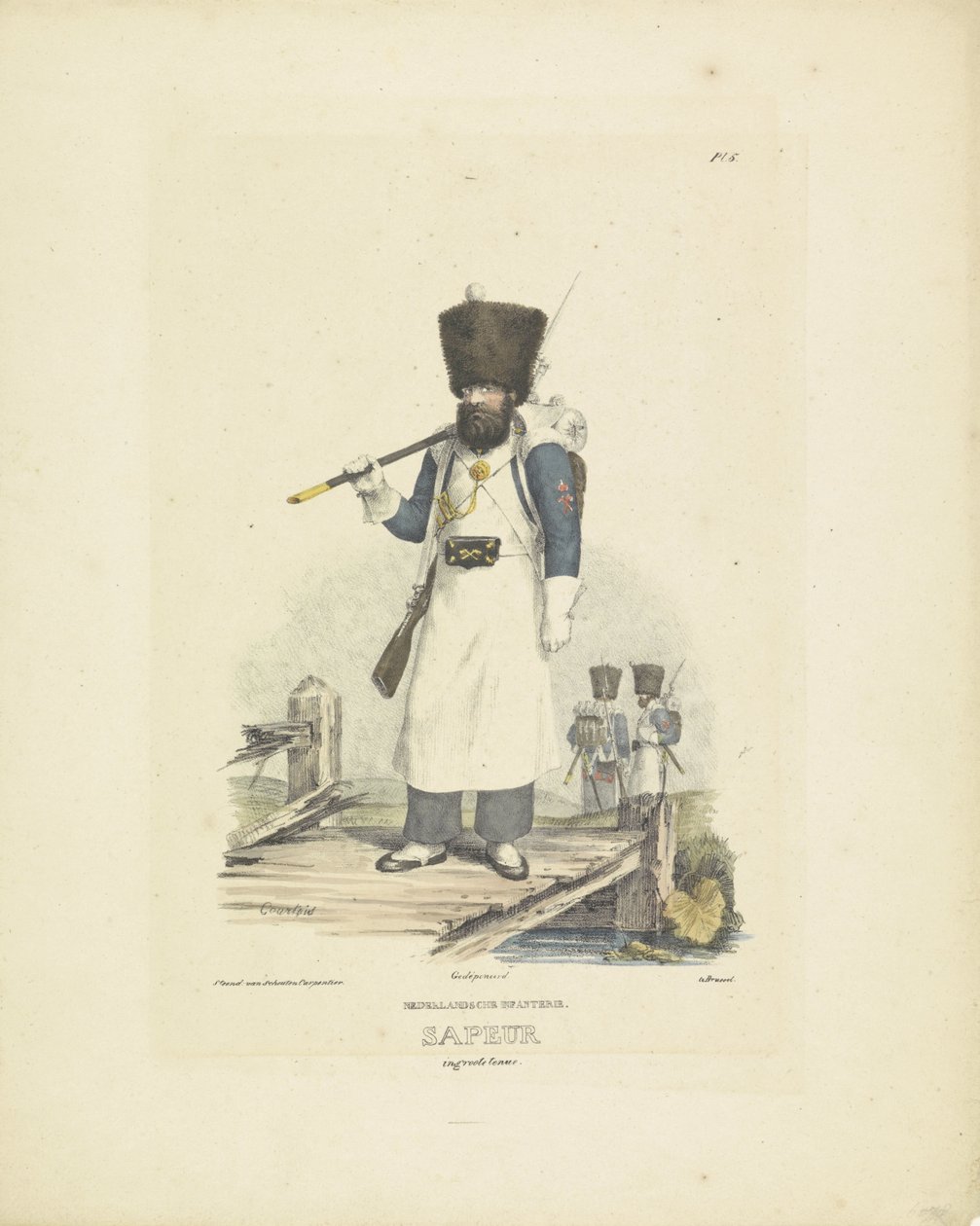 Sappeur i stor uniform, 1820-1825 hollandsk infanteri. Sapeur i stort outfit (titel på objekt) Militære kostumer af Kongeriget Holland. Dedikeret til Hans Excellence Willem van Bylandt (serietitel på objekt) af A. Courtois