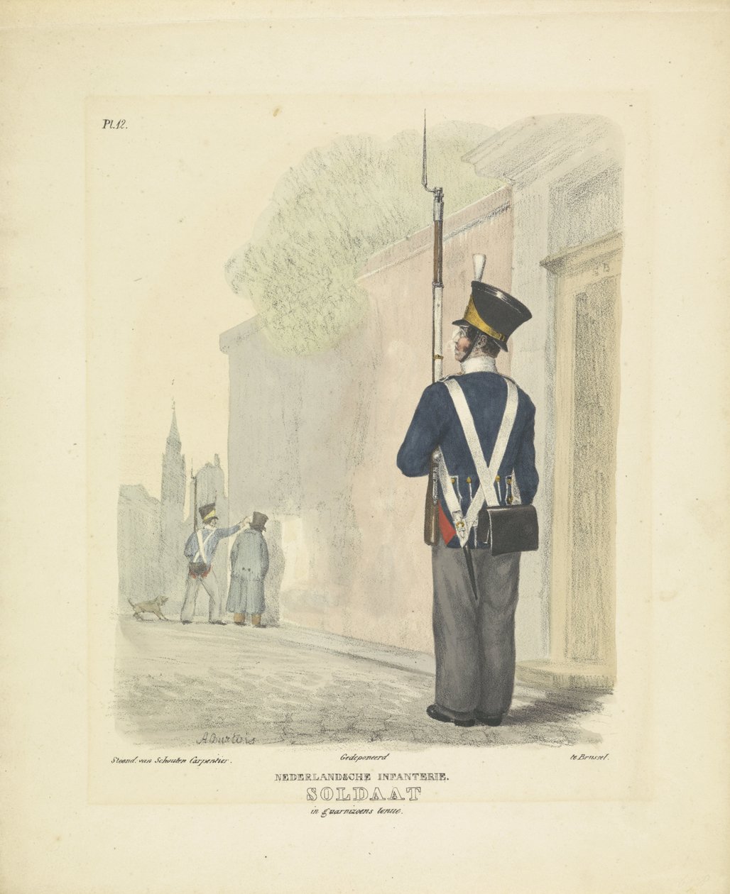 Soldat i garnisonsdragt, 1820-1825 hollandsk infanteri. Soldat i guerillauniform (titel på objekt) Militære kostumer af Kongeriget Holland. Dedikeret til Hans Excellence Willem van Bylandt (serietitel på objekt) af A. Courtois