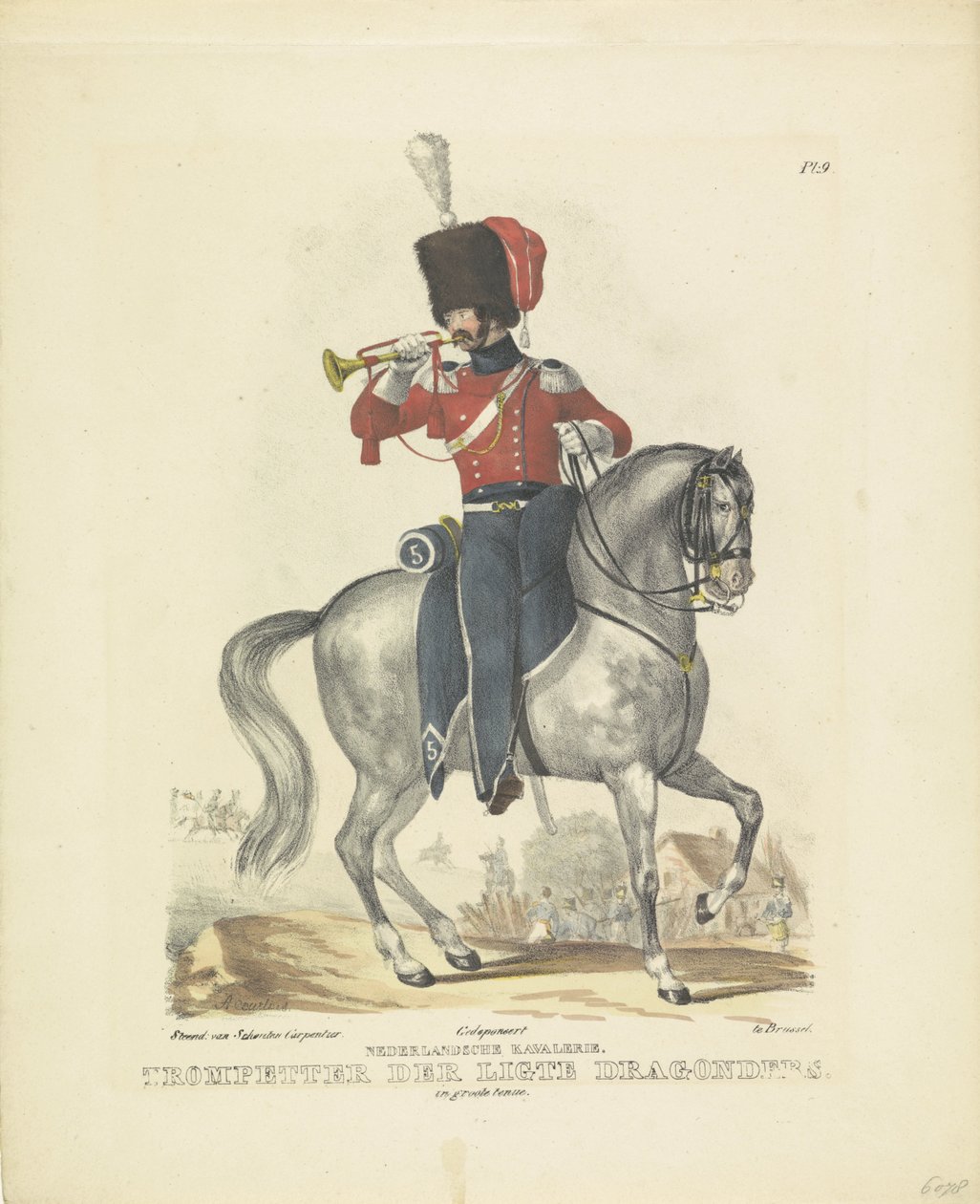 Trompetist i fuld uniform Trompetist i stor uniform, 1820-1825 hollandsk kavaleri. Trompetisten af ​​Ligte Dragoons. i fuld uniform (titel på objekt) Militære kostumer af Kongeriget Holland. Dedikeret til Hans Excellence William af B af A. Courtois
