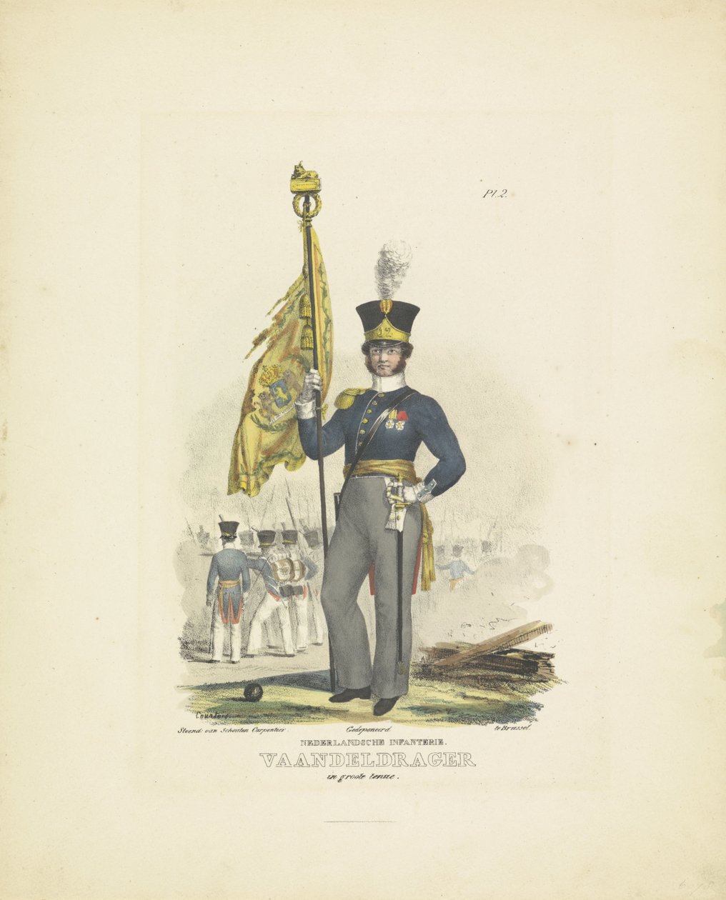 Fanebærer i fuld uniform, 1820-1825 hollandsk infanteri. Standardbærer i stor uniform (titel på objekt) Militære kostumer af Kongeriget Holland. Dedikeret til Hans Excellence Willem van Bylandt (serietitel på objekt) af A. Courtois