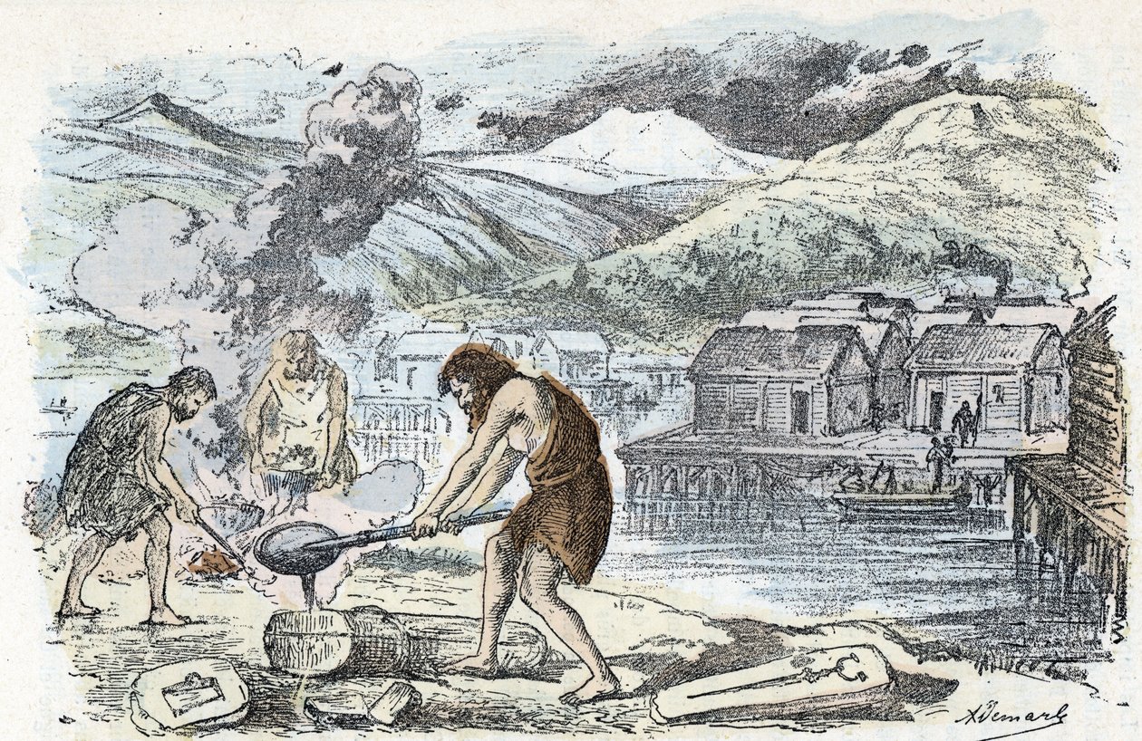 Forhistorie, bronzealder: støbeværksted tæt på en pælehusbebyggelse Gravering fra "" La nature et l