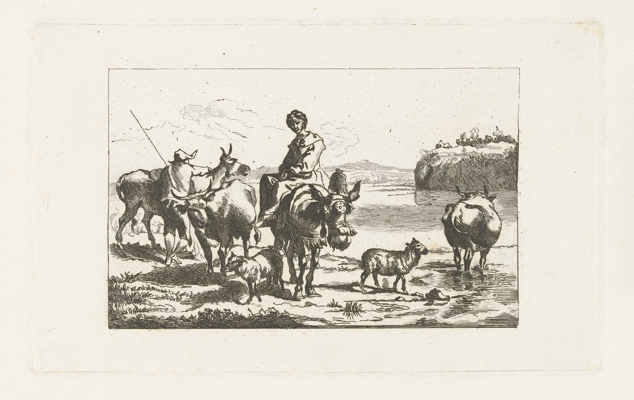 Landskab med en hyrdinde på et muldyr og en hyrde med køer af A. Dickhof (signed by artist)