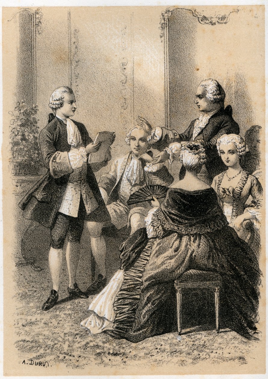 Antoine-Marin Lemierre læser Hypermnestra for Jean-Baptiste Vivien de Chateaubrun, illustration fra 