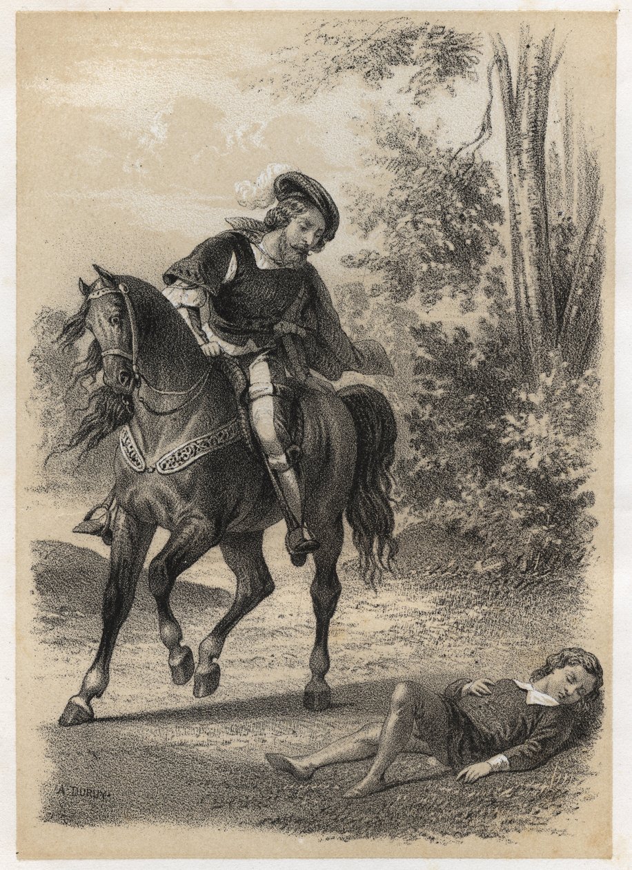 Jacques Amyot (1513-1593), reddet, i en alder af 10 af en rejsende. Stik af A. Duruy i "" litterære illustrationer af Frankrig; eller et anekdotisk galleri af vores hovedforfattere, der er interesseret i deres handlinger og deres inskriptioner"" af J.B. Ma af A. Duruy
