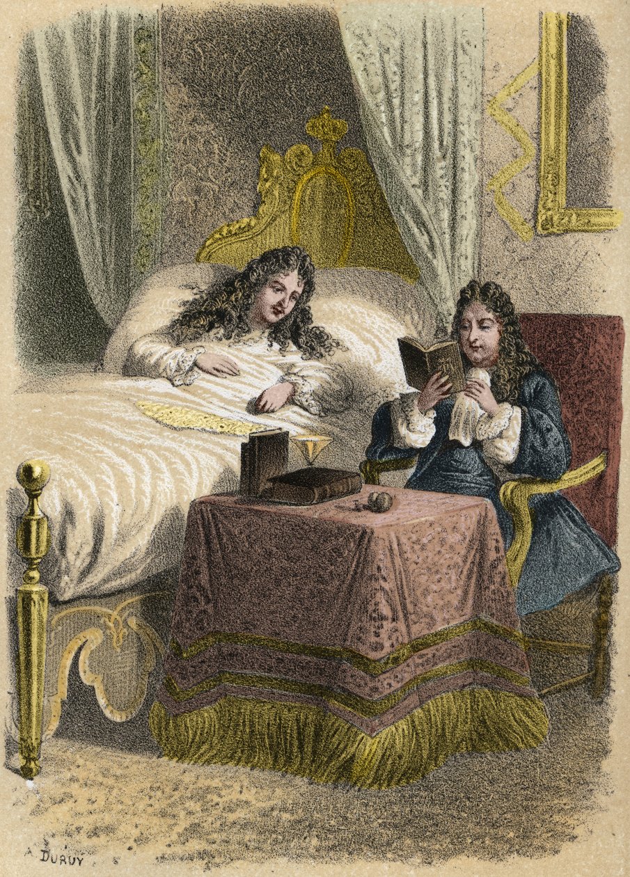 Louis XIV, konge af Frankrig, kunne godt lide at høre Jean Racine læse og bragte ham ind, da han var syg. Stik af A. Duruy i "" litterære illustrationer af Frankrig; guld, anekdotisk galleri af vores hovedforfattere interesseret i deres handlinger og deres af A. Duruy
