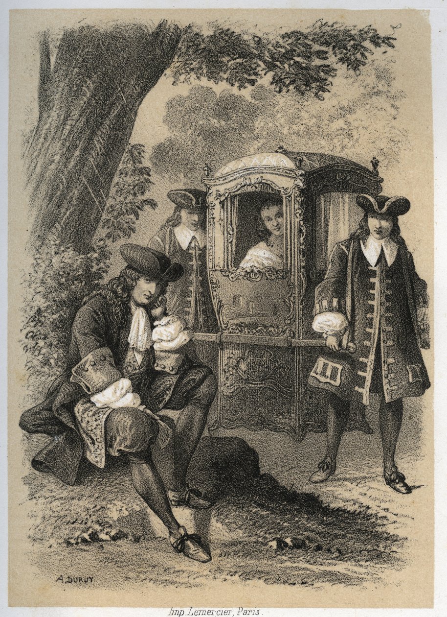 Marie Anne Mancini (1649-1714) Hertuginde af Bouillon, der en morgen gik til Versailles, så Jean de la Fontaine (Lafontaine) rejse sig under et træ; om aftenen fandt hun ham samme sted. Indgravering af A. Duruy i "" Illustrations litteraires de la France; af A. Duruy