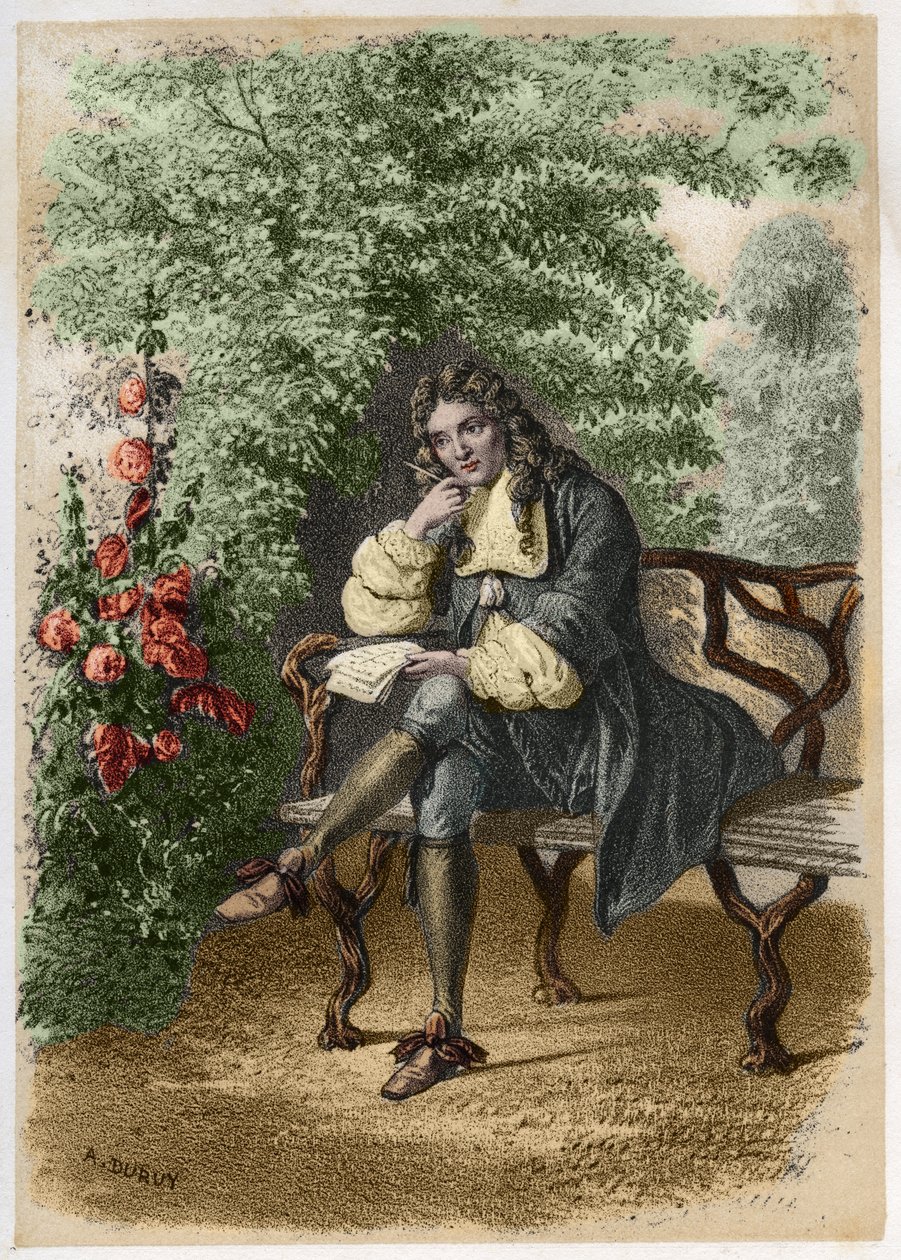 Portræt af Nicolas Boileau (1636-1711) dit Boileau-Despreaux (Boileau Despreaux), en fransk forfatter i hans hus i Auteuil. Stik af A. Duruy i "" litterære illustrationer af Frankrig; eller, anekdotisk galleri af vores hovedforfattere interesseret i deres af A. Duruy
