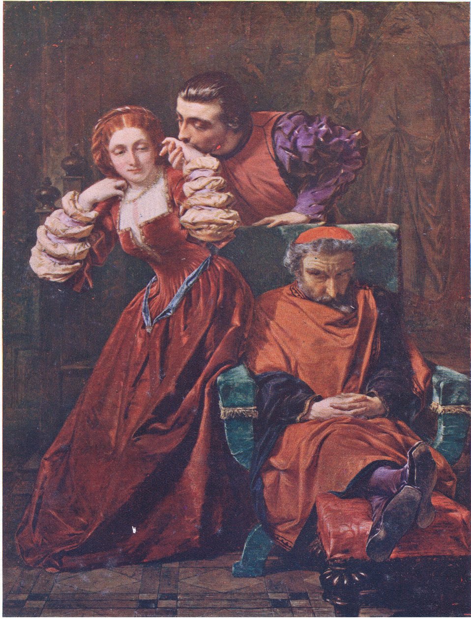 Silvia og Valentine (The Two Gentlemen of Verona) "Denne kærlighed til dem selv har ofte set, heldigvis, når de har dømt mig fast i søvn", fra The Complete Works of William Shakespeare pub. af J Coker & Co Ltd (farve litho) af A. E. Elmore