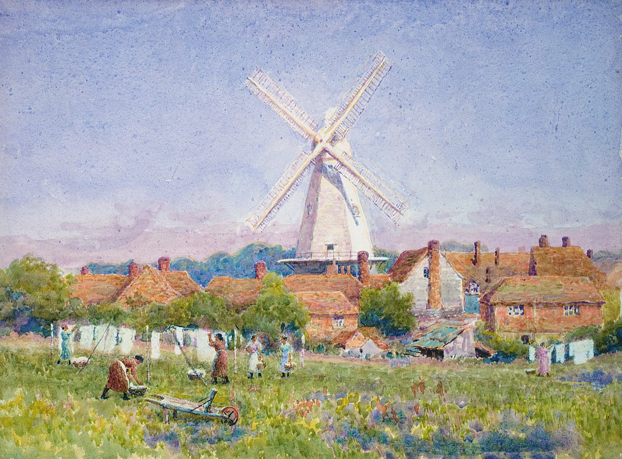 Kvinder hænger vasketøj, Cranbrook Mill, Kent af A. Foord Hughes