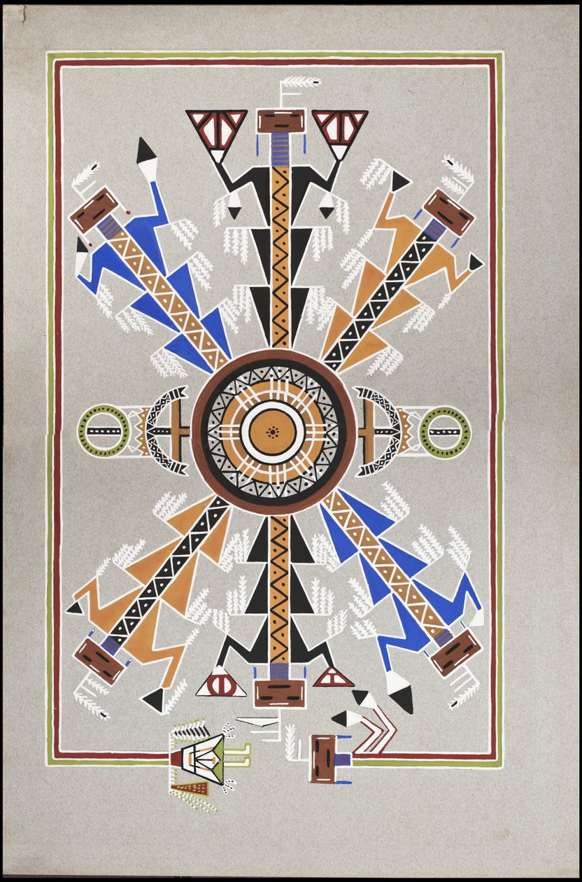 Tegninger, der viser gravstedet for "Cadunce", en Chippewa-indianer "Medicine Man", et Navajo-sandmaleri og Kragesten-malerier af A. Grossman