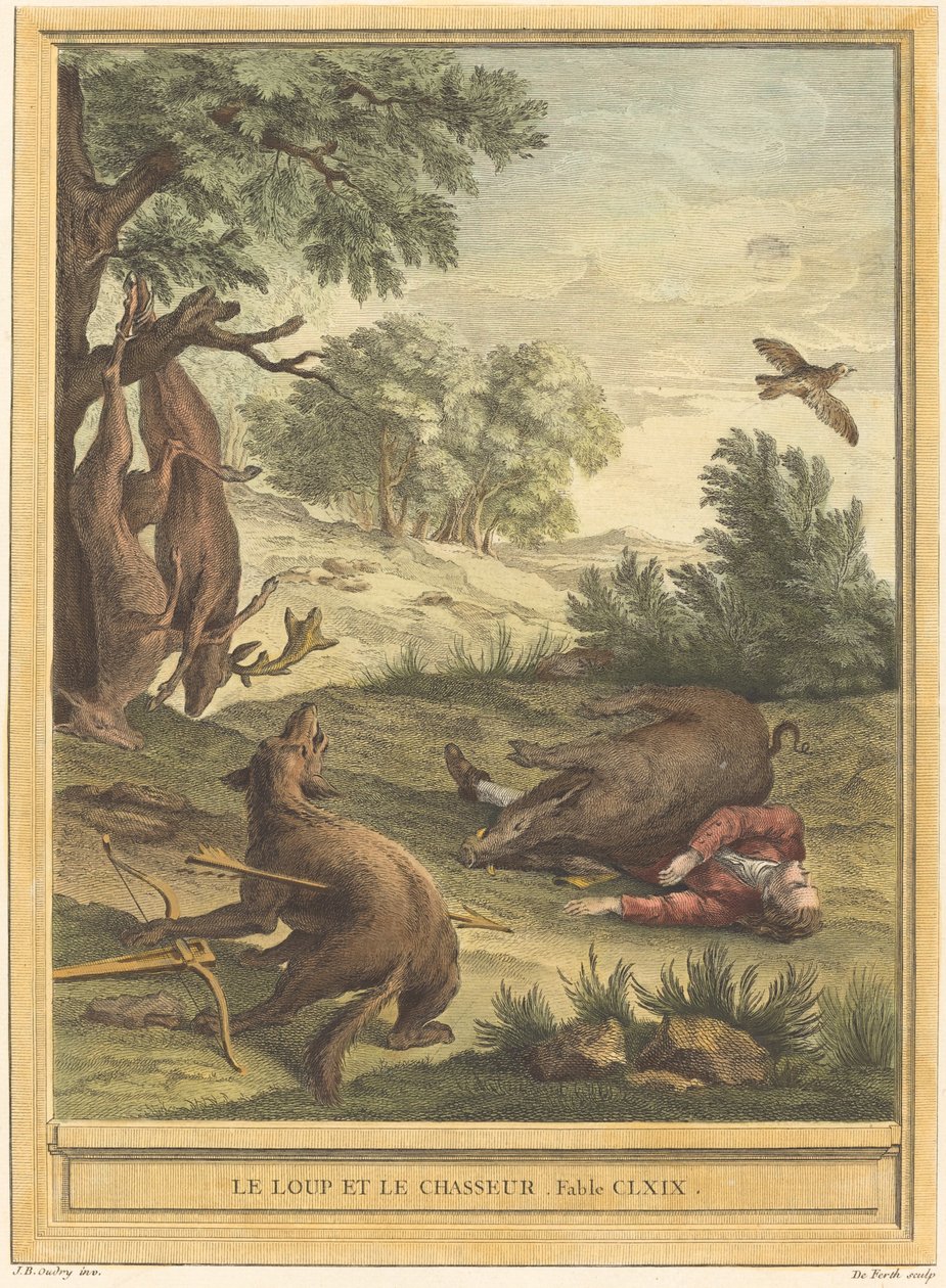 Ulven og jægeren af A. J. de Fehrt after Jean Baptiste Oudry