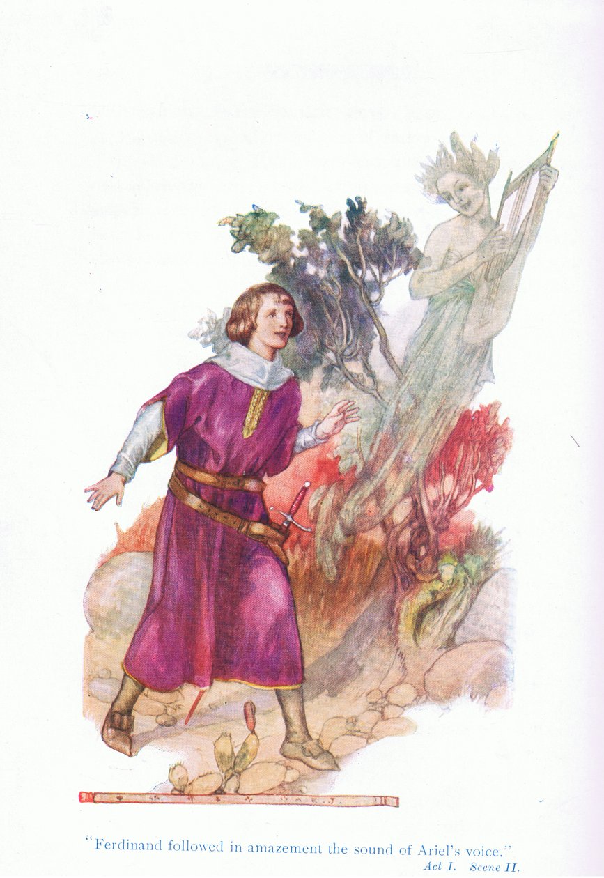 Ferdinand fulgte forbløffet lyden af Ariels stemme (The Tempest), fra Tales from Shakespeare pub. af Ward Lock & Co Ltd af A. Jackson
