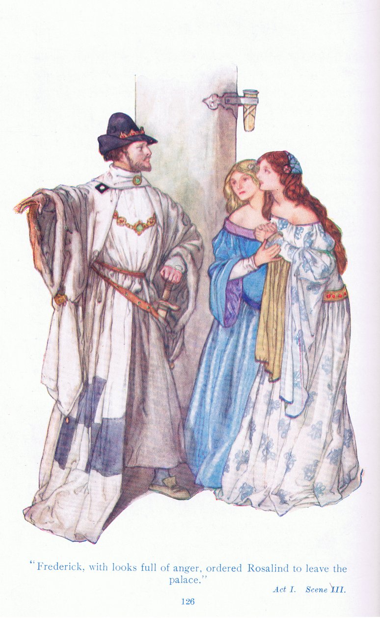 Frederick med et blik af vrede beordrede Rosalind til at forlade paladset (As You Like It), fra Tales from Shakespeare pub. af Ward Lock & Co Ltd af A. Jackson