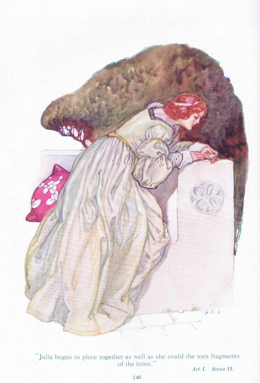 Julia begyndte at samle så godt hun kunne de iturevne fragmenter af brevet (Two Gentlemen of Verona), fra Tales from Shakespeare pub. af Ward Lock & Co Ltd af A. Jackson