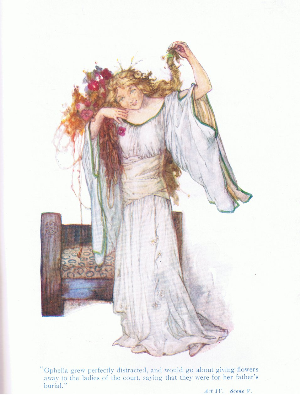 Ophelia blev perfekt distraheret og ville give væk til hofdamerne (Hamlet), fra Tales from Shakespeare pub. af Ward Lock & Co Ltd af A. Jackson