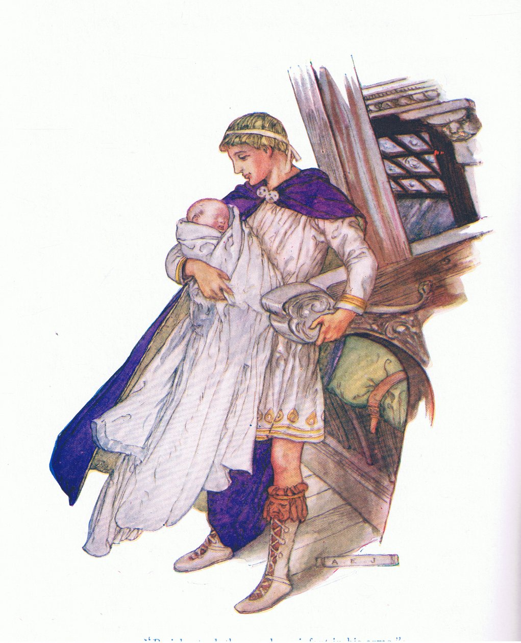 Pericles tog det nyfødte spædbarn i sine arme (Pericles Prince of Tyre), fra Tales from Shakespeare pub. af Ward Lock & Co Ltd af A. Jackson