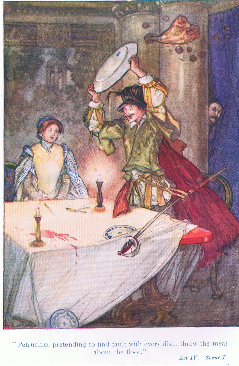 Pettruchio, der lod som om han fandt fejl ved hver ret, kastede kødet om gulvet (Tæmning af spidsmusen), fra Tales from Shakespeare pub. af Ward Lock & Co Ltd af A. Jackson