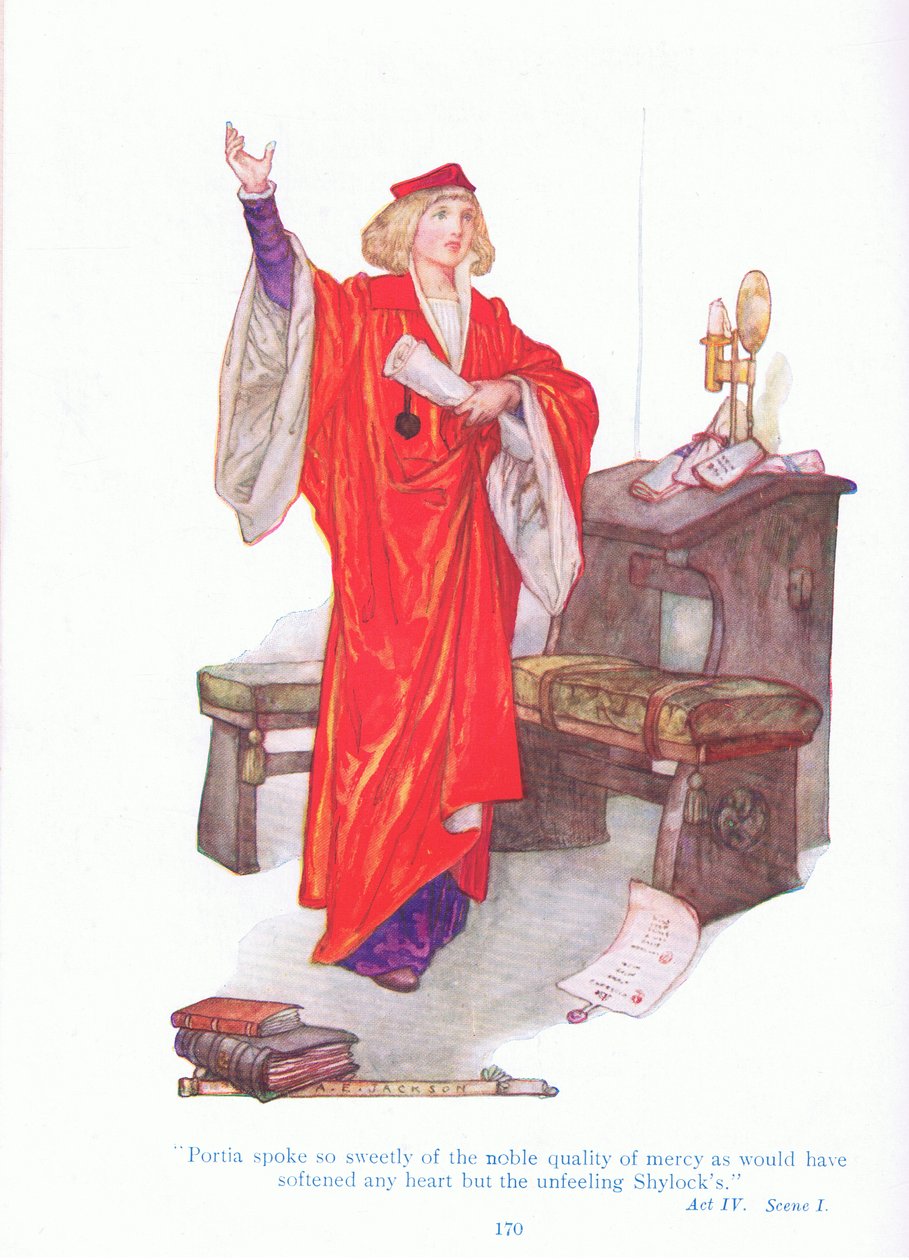Portia talte så sødt om barmhjertighedens ædle kvalitet, at det ville have blødgjort ethvert hjerte end den følelsesløse Shylocks (Købmanden fra Venedig), fra Tales from Shakespeare pub. af Ward Lock & Co Ltd af A. Jackson