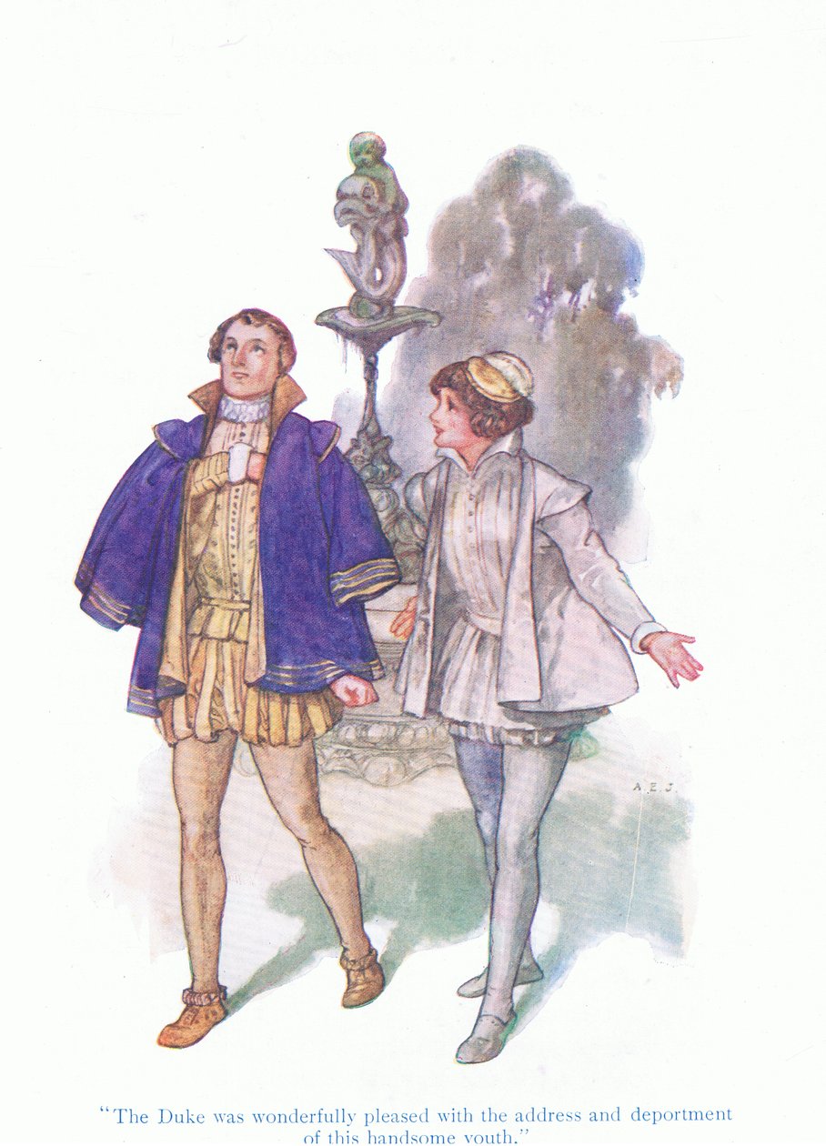 Hertugen var vidunderligt tilfreds med denne smukke unges adresse og udførelse (Twelth Night), fra Tales from Shakespeare pub. af Ward Lock & Co Ltd af A. Jackson