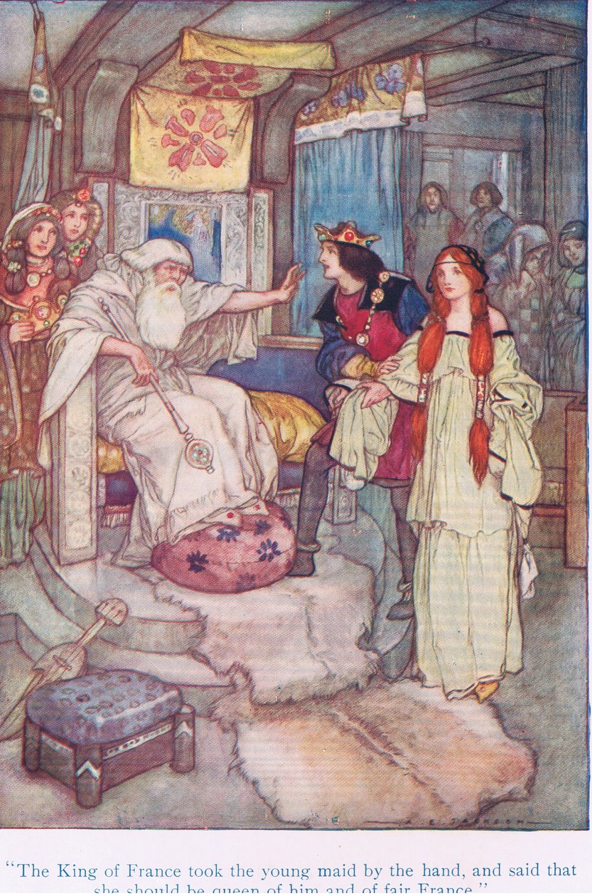 Kongen af Frankrig tog den unge stuepige i hånden og sagde, at hun skulle være dronning af ham og det smukke Frankrig (Kong Lear), fra Tales from Shakespeare pub. af Ward Lock & Co Ltd af A. Jackson