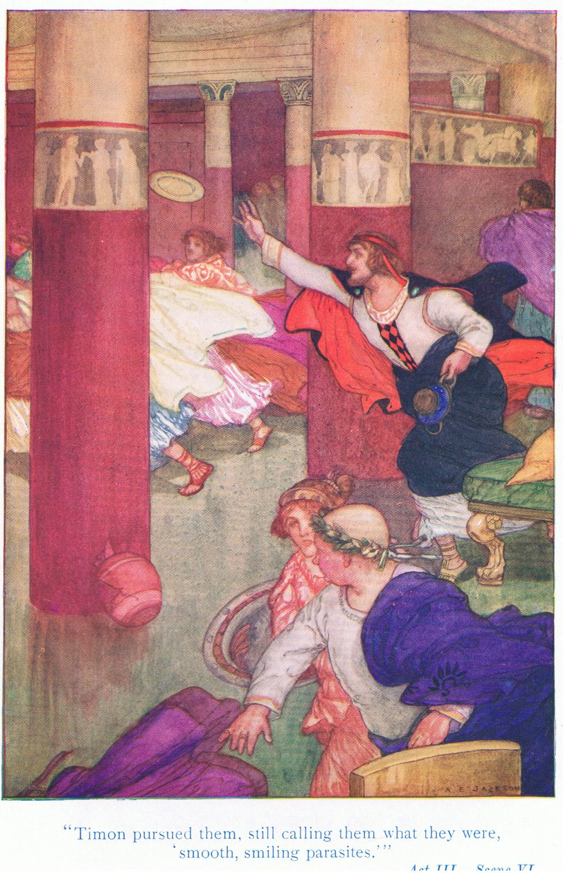 Timon forfulgte dem og kaldte dem stadig, hvad de var, glatte, smilende parasitter (Timon fra Athen), fra Tales from Shakespeare pub. af Ward Lock & Co Ltd af A. Jackson