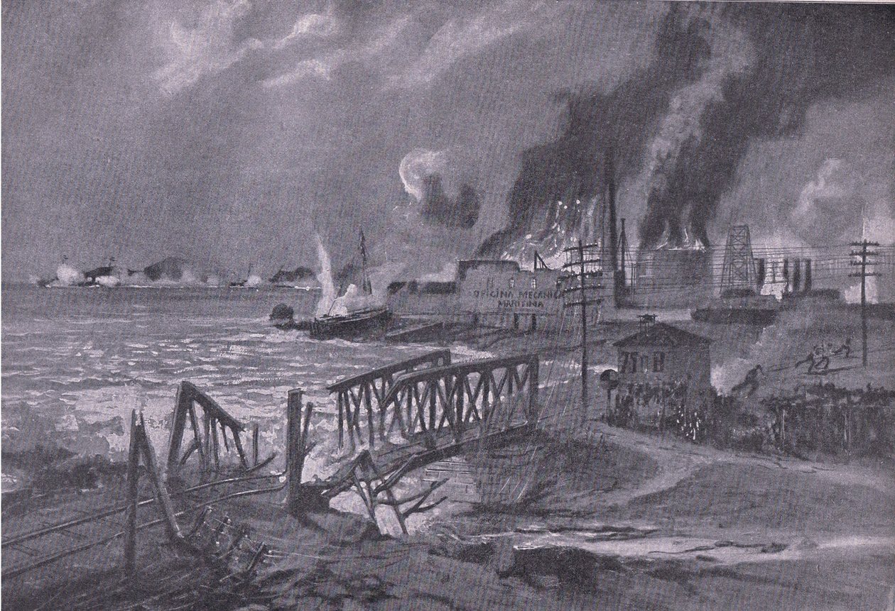Ødelæggelse af et skibsværft i Bari (Italien) af østrig-ungarske torpedo-destroyere, fra The Illustrated History of the World War 1914-1915 pub. af Union Berlagsefellfchaft af A. Kircher