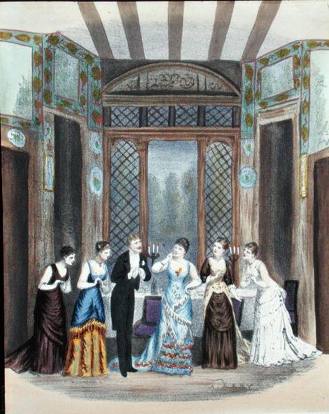 Scene fra en operette, ca. 1870-80 (farve litho) af A. Lamy