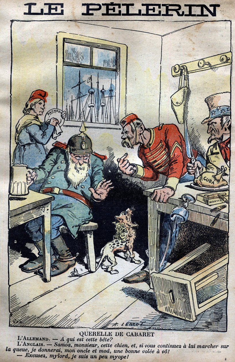 Cabaret Querelle: Tegnefilm om kolonikrigene mellem England, Tyskland, Frankrig og USA omkring situationen i Fachoda i Afrika. Indgravering af Lemot i "" le Pelerin"" af 23. april 1899 (Fachoda-krisen: alvorlig diplomatisk hændelse mellem af A Lemot