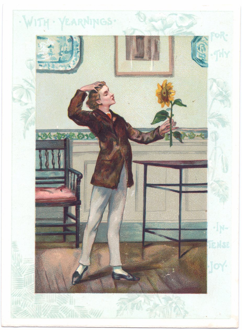 Blomsterkiggeren victoriansk lykønskningskort af en æstetik, der elsker en solsikke i ektasy, ca. 1881 (farve litho) af A. Ludovici