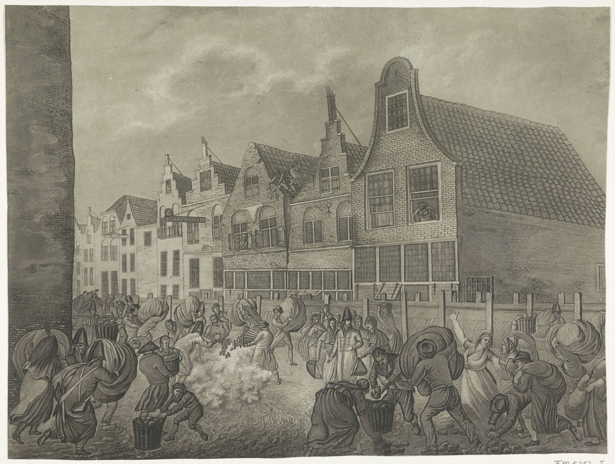 Sammenbrud af forskallingen langs Kortendijk i Gorinchem, 1809 Fire plader af syndfloden i 1809 dedikeret til kong Louis Napoleon (serietitel) af A. Lutz