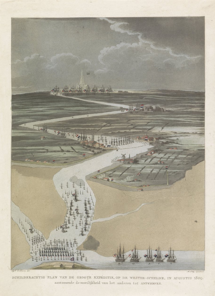 Britisk ekspedition til Antwerpen, 1809 Malerisk plan af den store ekspedition, på den vestlige Schelde, i august 1809. viser vanskeligheden ved at nærme sig Antwerpen (titel på objektet) af A. Lutz