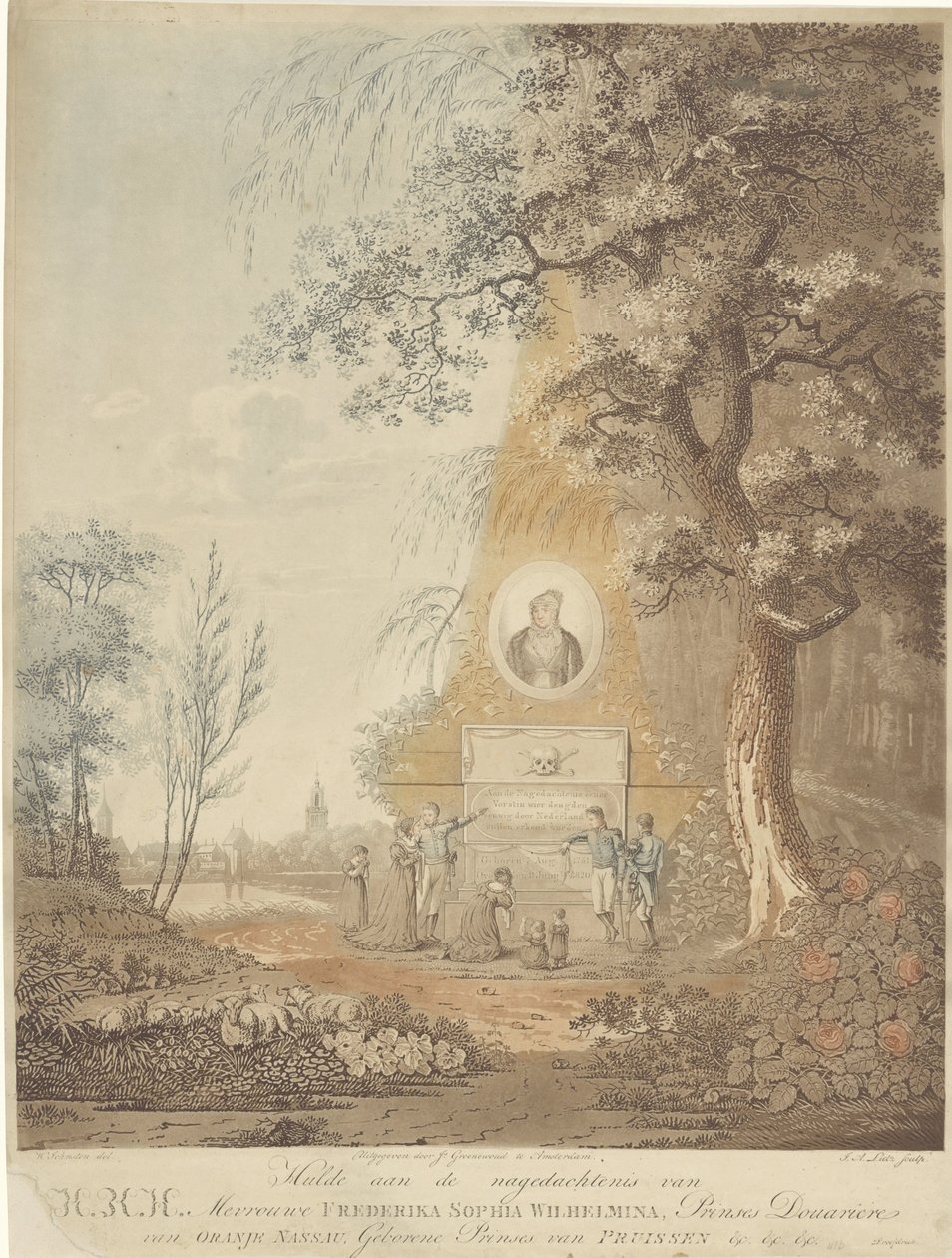 Erindringsnål i anledning af Wilhelmina af Preussens død Hyldest til minde om HKH Madame Frederika Sophia Wilhelmina, prinsesse Douariere af Oranje Nassau (titel på objektet) af A. Lutz