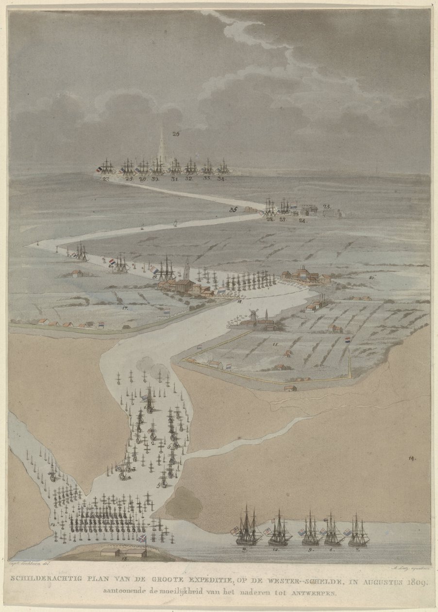 Fugleperspektiv af den vestlige Schelde med engelske, hollandske og franske flåder, 1809 Malerisk plan af den store ekspedition, på den vestlige Schelde i august 1809 (titel på objektet) af A. Lutz