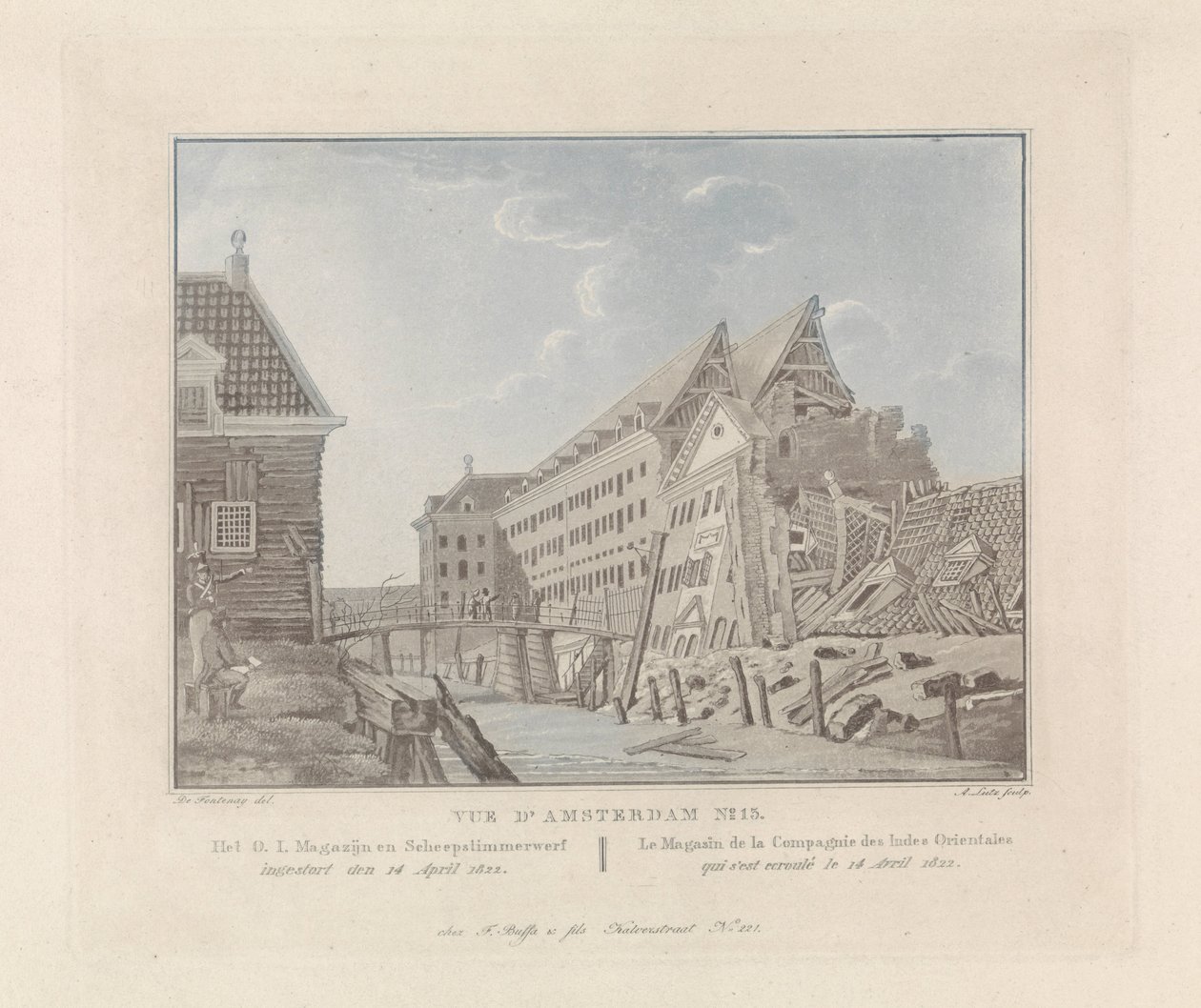 Udsigt over det kollapsede East Indies Sea Warehouse i Amsterdam, 1822 O.I. Pakhus og skibsværft / Le Magasin de la Compagnie des Indes Orientales (titel på objektet) Udsigt over Amsterdam (serietitel) af A. Lutz