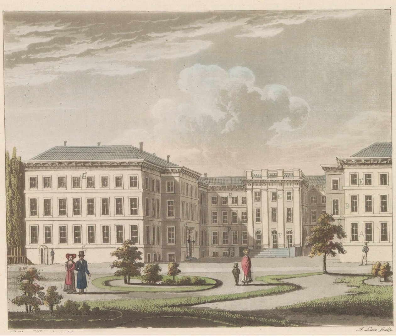Noordeinde-paladset i Haag, 1810-1825 Le Palais royal à La Haye, vu du jardin / Det kongelige palads i Haag, set fra havesiden (titel på objekt) af A. Lutz