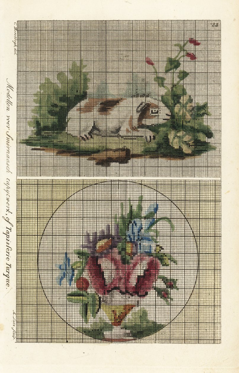 Mønstre til tyrkisk gobelin: marsvin i en have og buket blomster i en vase af A. Lutz