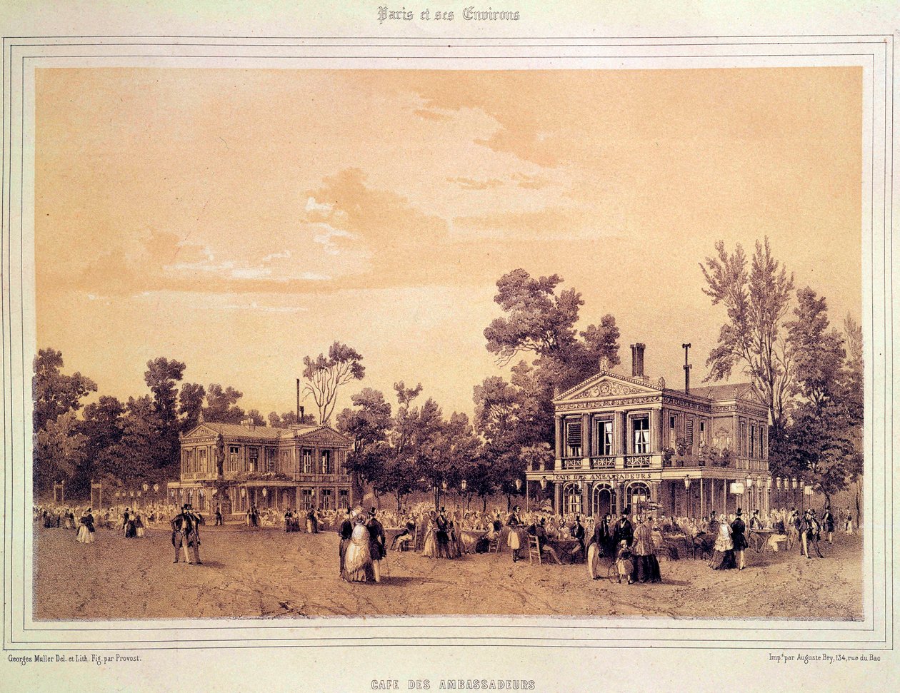 Udsigt over Cafe des Ambassadeurs på Champs Elysees i Paris Litografi af A. provost (aktiv omkring 1834-1855) Paris, Musee Carnavalet af A Provost