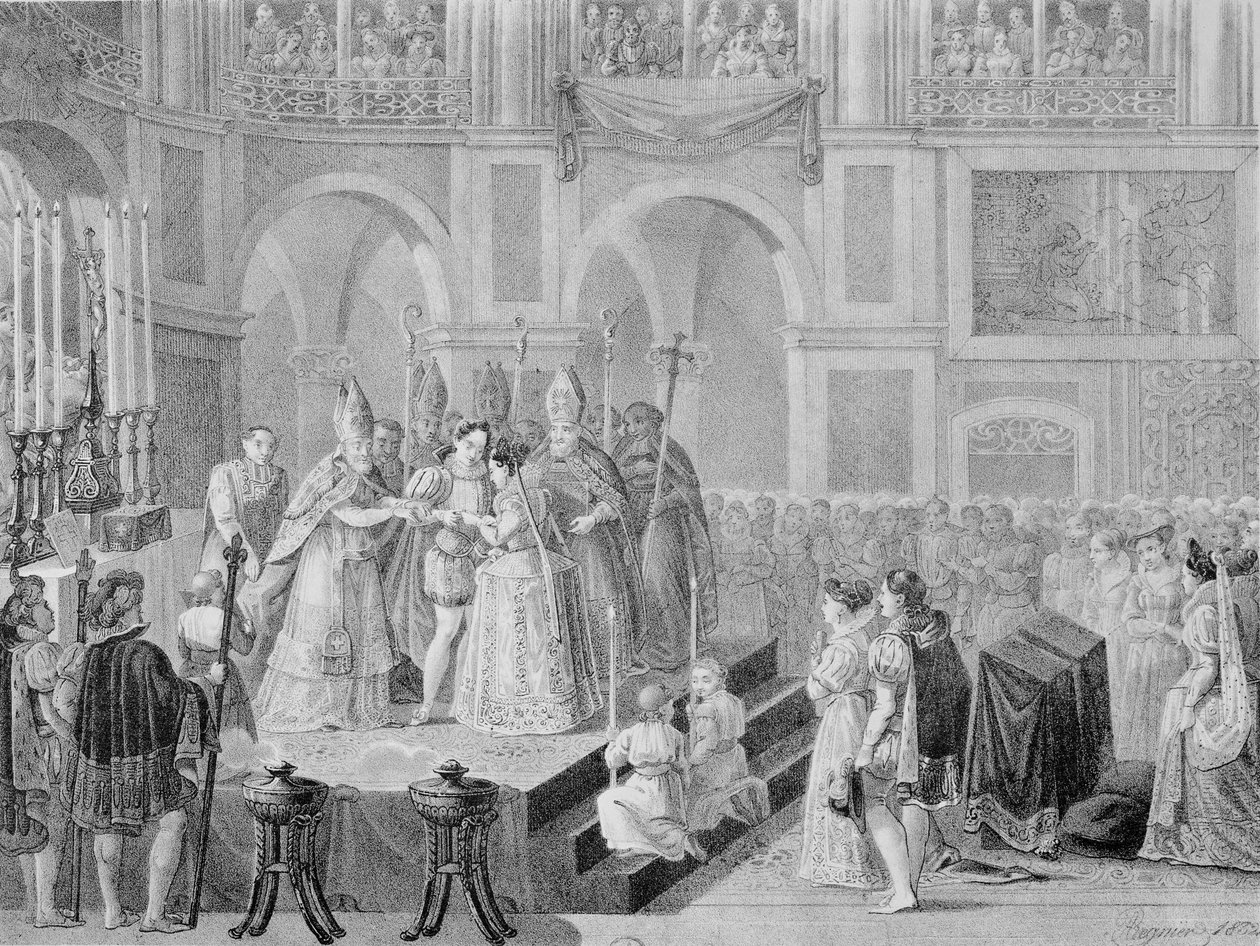 Ægteskabet mellem Henri III (1553-1610) og Marguerite af Frankrig (1553-1615) i 1572, 1832 af A. Regnier