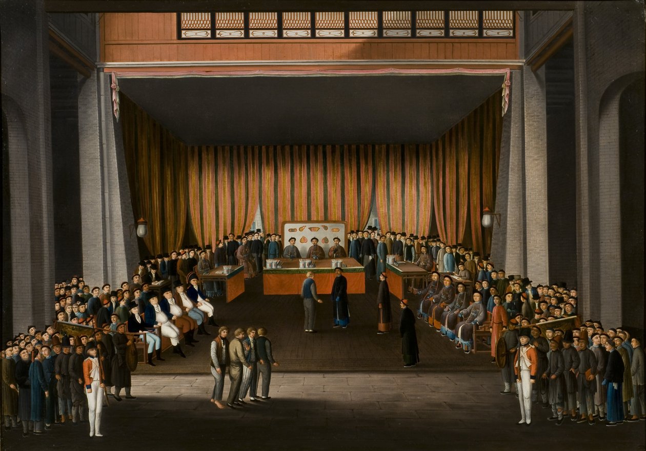 Kinesisk Domstol i hallen på den britiske fabrik i Canton, 9. april 1807, ca. 1810 (olie på papir) af A. Roland Knight