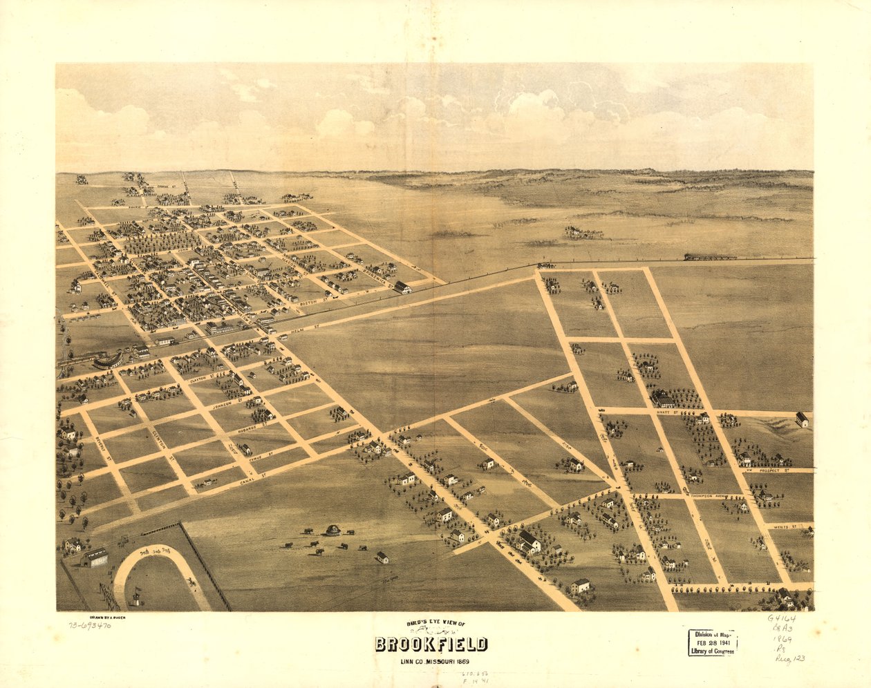 Fugleperspektiv af Brookfield, Linn County, Missouri 1869. LOC 73693470 af A. Ruger