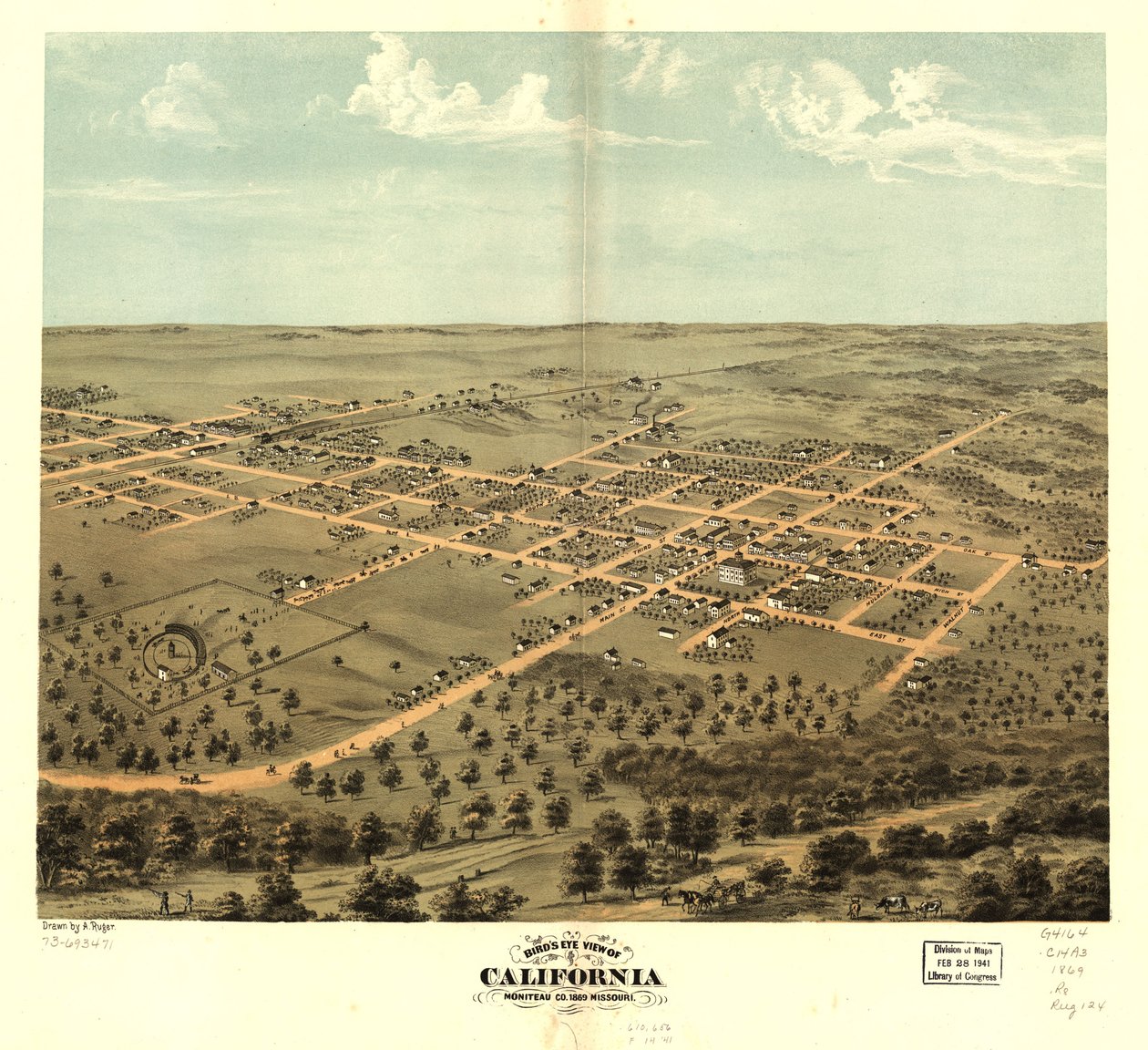 Udsigt i fugleperspektiv over California, Moniteau Co, Missouri 1869. LOC 73693471 af A. Ruger