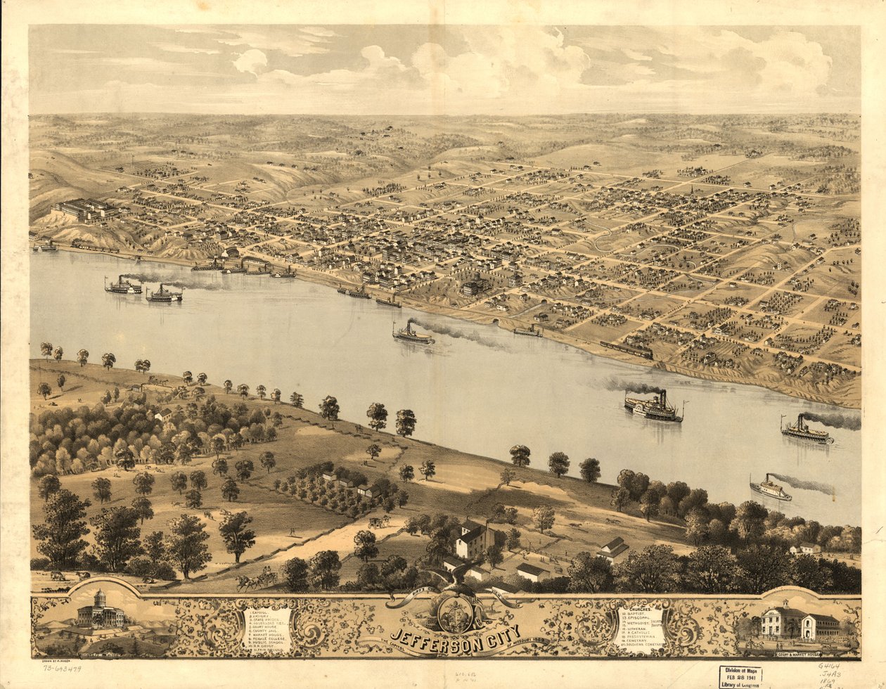 Jefferson City, Missouris hovedstad, set i fugleperspektiv i 1869. LOC 73693479 af A. Ruger