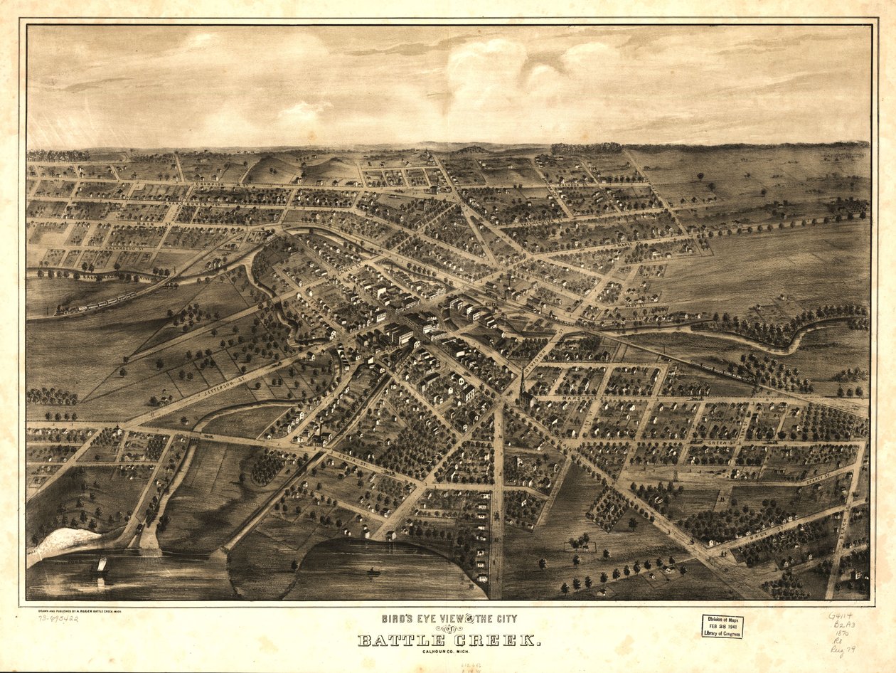 Udsigt i fugleperspektiv over byen Battle Creek, Calhoun County, Michigan. LOC 73693422 af A. Ruger